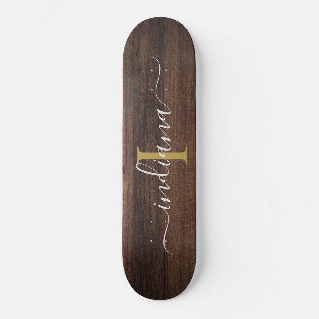 Rustic Dark Wood Monogram Script Name Initial Skateboard (Front)