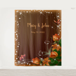 Rustic Dark Wood Orange Floral Wedding Backdrop Tapestry