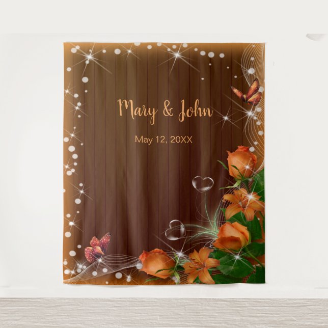 Rustic Dark Wood Orange Floral Wedding Backdrop Tapestry (Front)