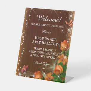Rustic Dark Wood Orange Floral Wedding Safety  Pedestal Sign