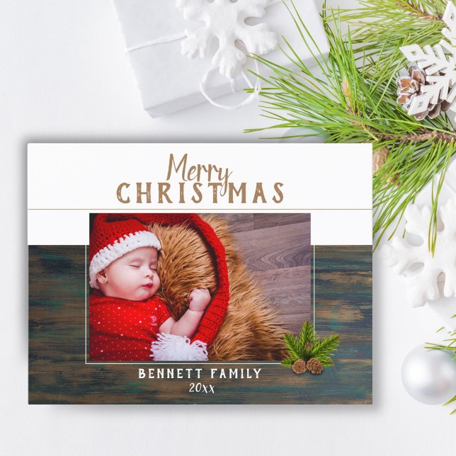 Rustic Dark Wood Pine Merry Christmas Photo Holiday Postcard (Creator Uploaded)