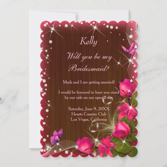 Rustic Dark Wood Pink Floral Butterfly Bridesmaid Invitation (Front)