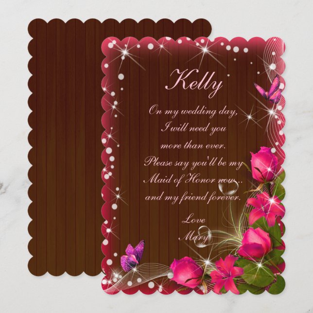 Rustic Dark Wood Pink Floral Maid Of Honour Invitation (Front/Back)
