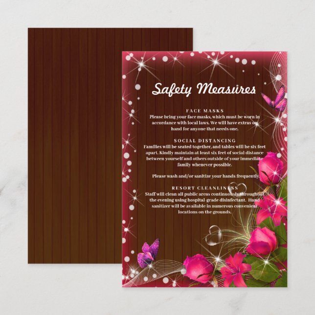 Rustic Dark Wood Pink Floral Safety Measures Enclosure Card (Front/Back)