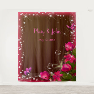 Rustic Dark Wood Pink Floral Wedding Backdrop Tapestry