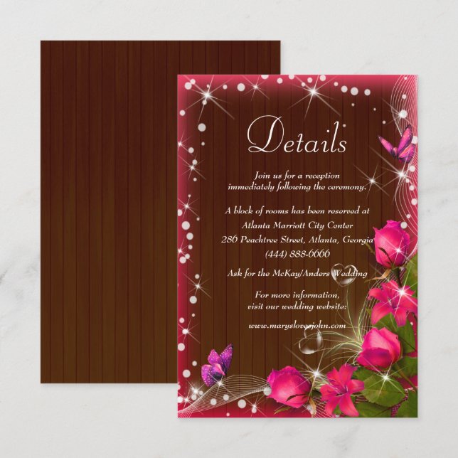 Rustic Dark Wood Pink Floral Wedding Details Enclosure Card (Front/Back)