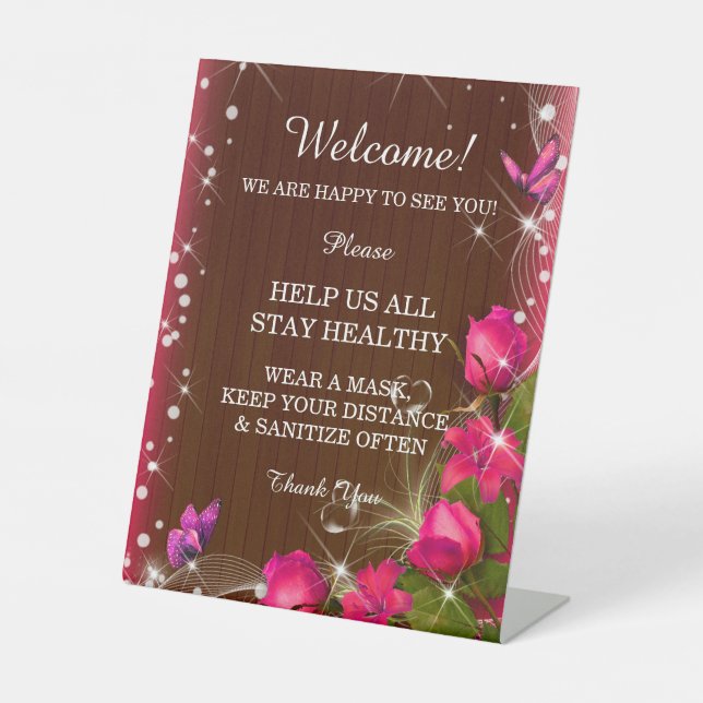 Rustic Dark Wood Pink Floral Wedding Safety  Pedestal Sign (Front)