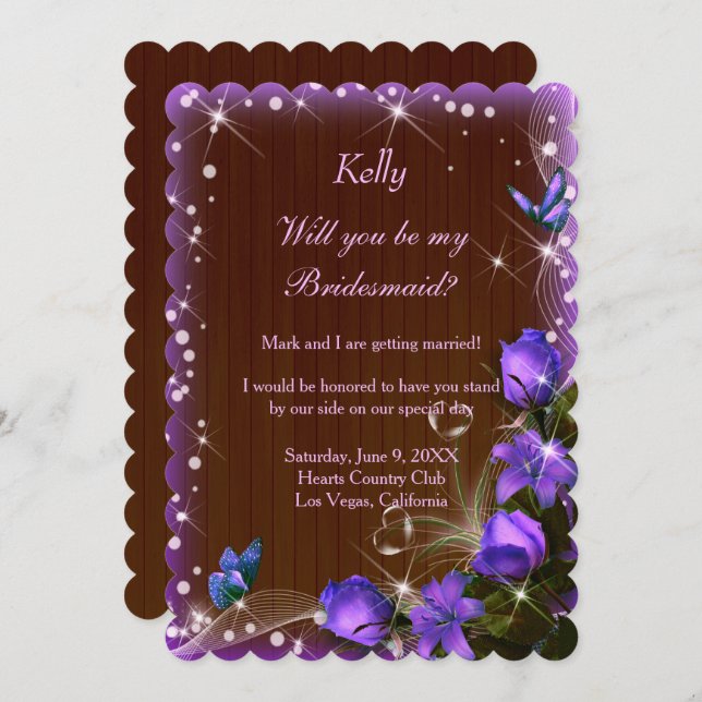 Rustic Dark Wood Purple Floral Bridesmaid Invitation (Front/Back)