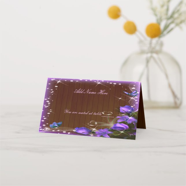 Rustic Dark Wood Purple Floral Butterfly Table Place Card (Front)