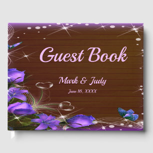 Rustic Dark Wood Purple Floral Butterfly Wedding Guest Book