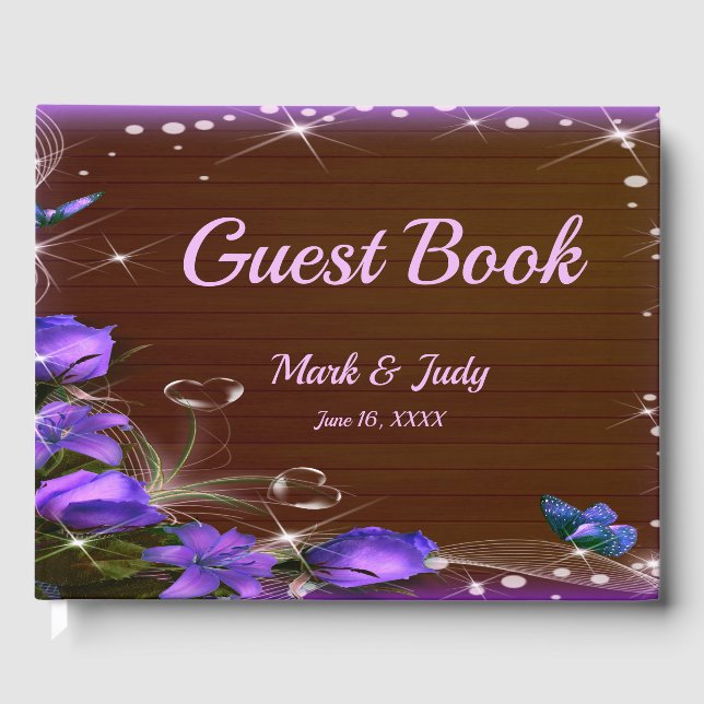 Rustic Dark Wood Purple Floral Butterfly Wedding Guest Book (Front)
