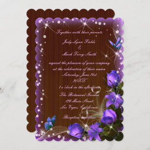 Rustic Dark Wood Purple Floral Butterfly Wedding Invitation