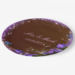 Rustic Dark Wood Purple Floral Butterfly Wedding Paper Plate