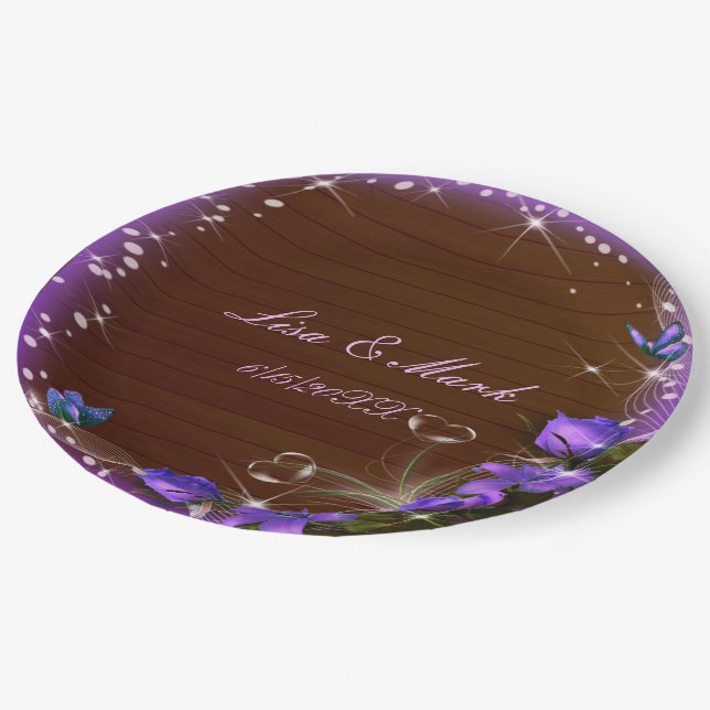 Rustic Dark Wood Purple Floral Butterfly Wedding Paper Plate (Angled)