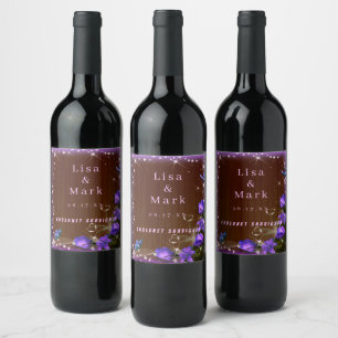 Rustic Dark Wood Purple Floral Butterfly Wedding Wine Label