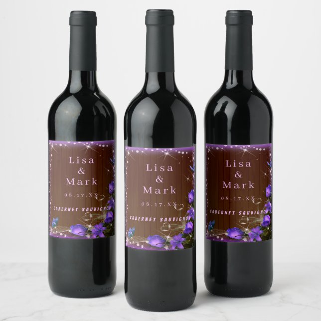 Rustic Dark Wood Purple Floral Butterfly Wedding Wine Label (Bottles)