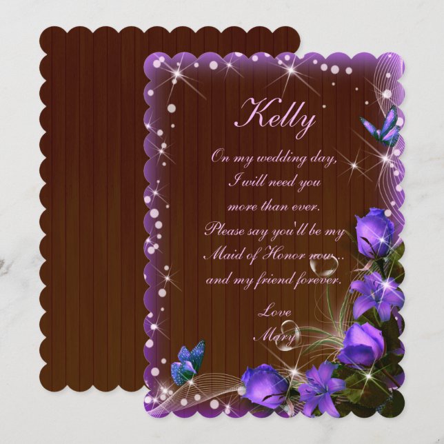 Rustic Dark Wood Purple Floral Maid Of Honour Invitation (Front/Back)