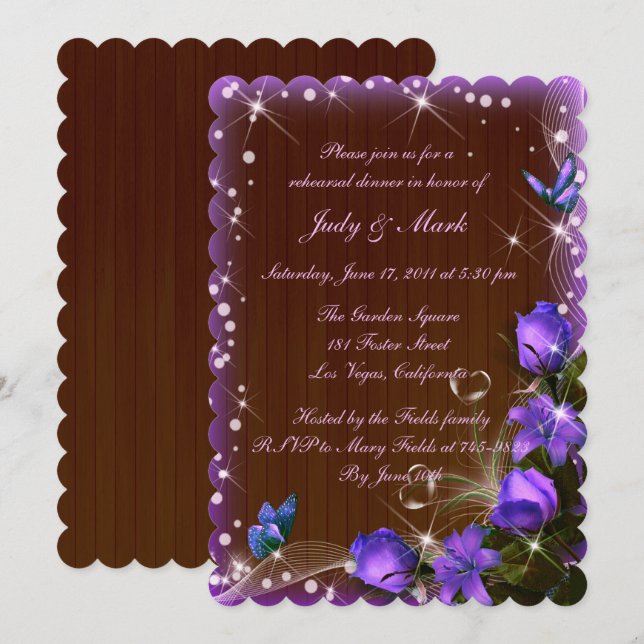 Rustic Dark Wood Purple Floral Rehearsal Dinner Invitation (Front/Back)