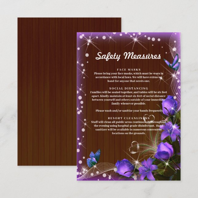 Rustic Dark Wood Purple Floral Safety Measures Enclosure Card (Front/Back)