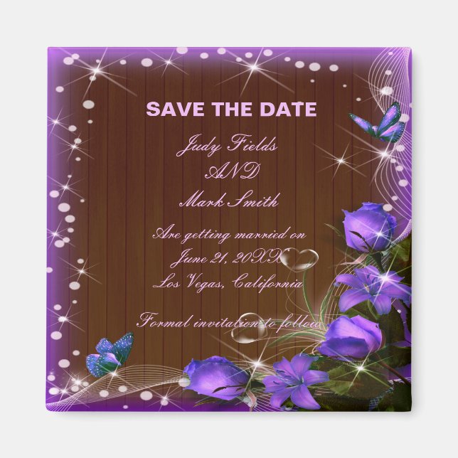Rustic Dark Wood Purple Floral Save The Date Magnet (Front)