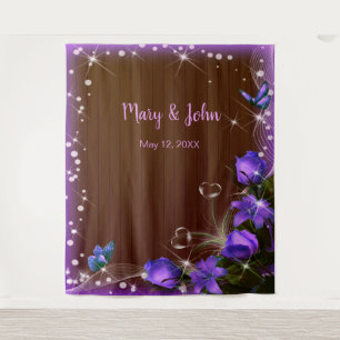 Rustic Dark Wood Purple Floral Wedding Backdrop Tapestry