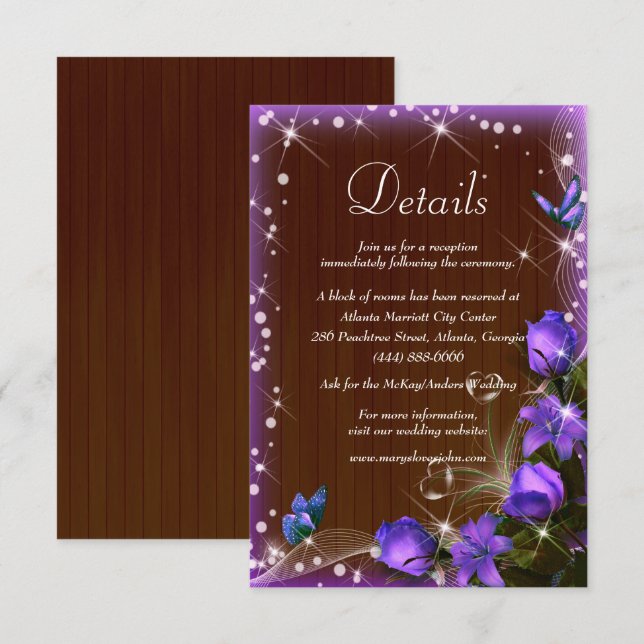 Rustic Dark Wood Purple Floral Wedding Details Enclosure Card (Front/Back)