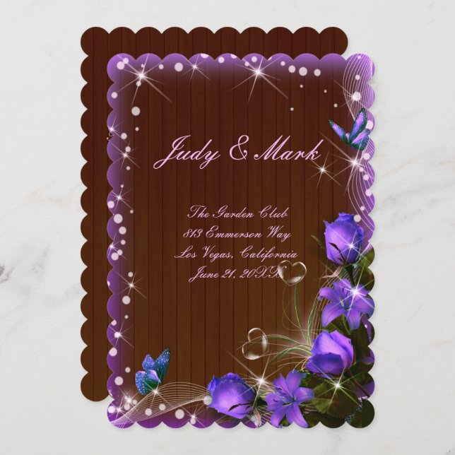 Rustic Dark Wood Purple Floral Wedding Menu Card (Front/Back)