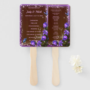 Rustic Dark Wood Purple Floral Wedding Program Hand Fan