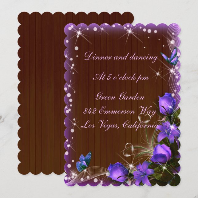 Rustic Dark Wood Purple Floral Wedding Reception Invitation (Front/Back)