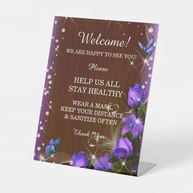 Rustic Dark Wood Purple Floral Wedding Safety Pedestal Sign (Front)