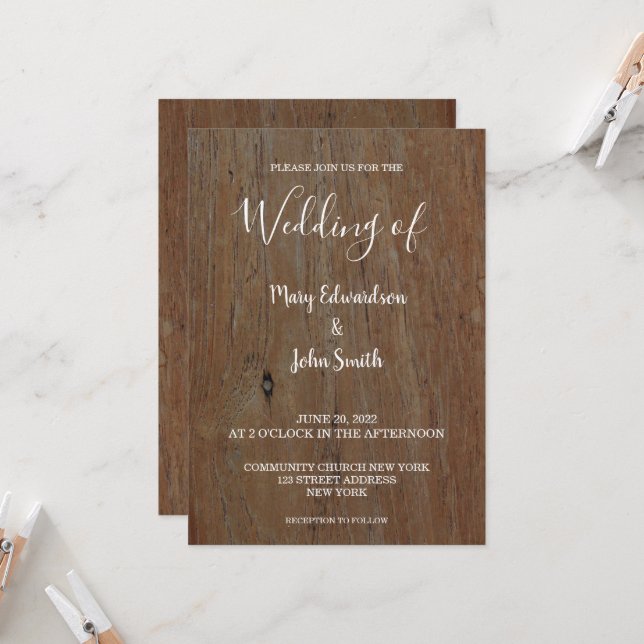Rustic dark wood script country wedding invitation (Front/Back In Situ)