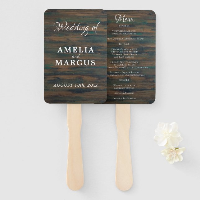 Rustic Dark Wood Script Wedding Menu Hand Fan (Front and Back)