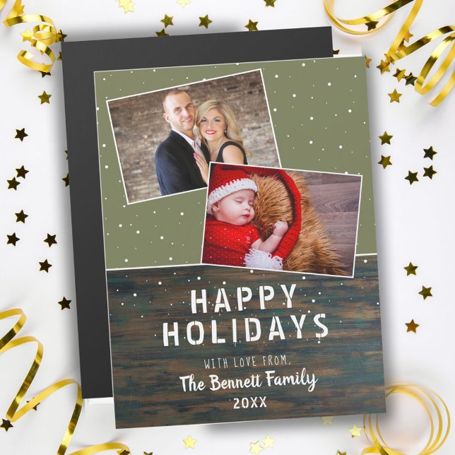 Rustic Dark Wood Snow Holiday 2 Photo Collage Card (Creator Uploaded)