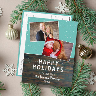 Rustic Dark Wood Snow Holiday 2 Photo Postcard