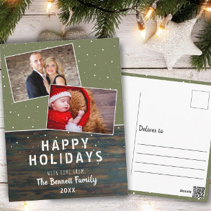 Rustic Dark Wood Snow Holiday 2 Photo Postcard
