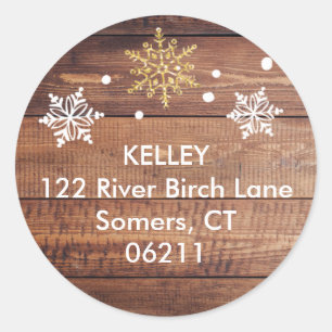Rustic Dark Wood Snowflake Address Classic Round Sticker