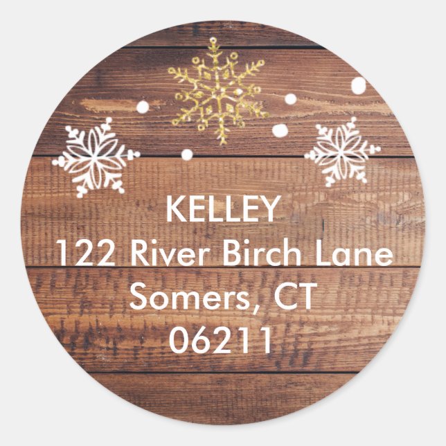 Rustic Dark Wood Snowflake Address Classic Round Sticker (Front)