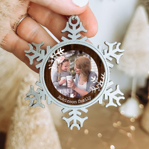 Rustic Dark Wood Snowflake Custom Photo Monogram Pewter Christmas Ornament