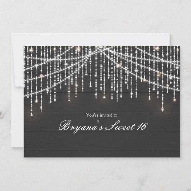 Rustic Dark Wood Sparkle Lights Party Invitations (Front)