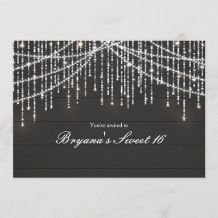 Rustic Dark Wood Sparkle Lights Party Invitations
