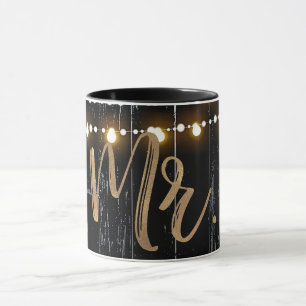 Rustic Dark Wood & String Lights Gold Bride MR. Mug