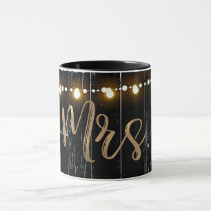 Rustic Dark Wood & String Lights Gold Bride MRS. Mug