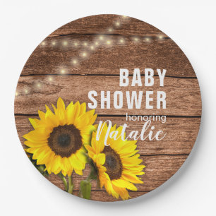 Rustic Dark Wood Sunflower Lights Baby Shower Paper Plate