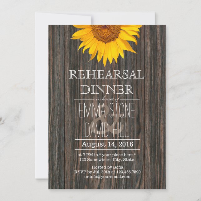 Rustic Dark Wood & Sunflower Rehearsal Dinner Invitation (Front)