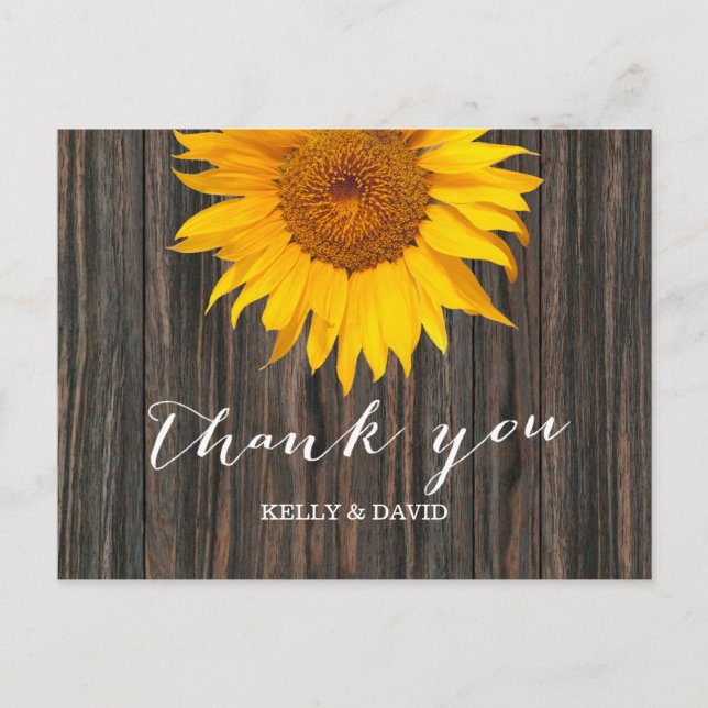 Rustic Dark Wood & Sunflower Wedding Thank You Postcard (Front)