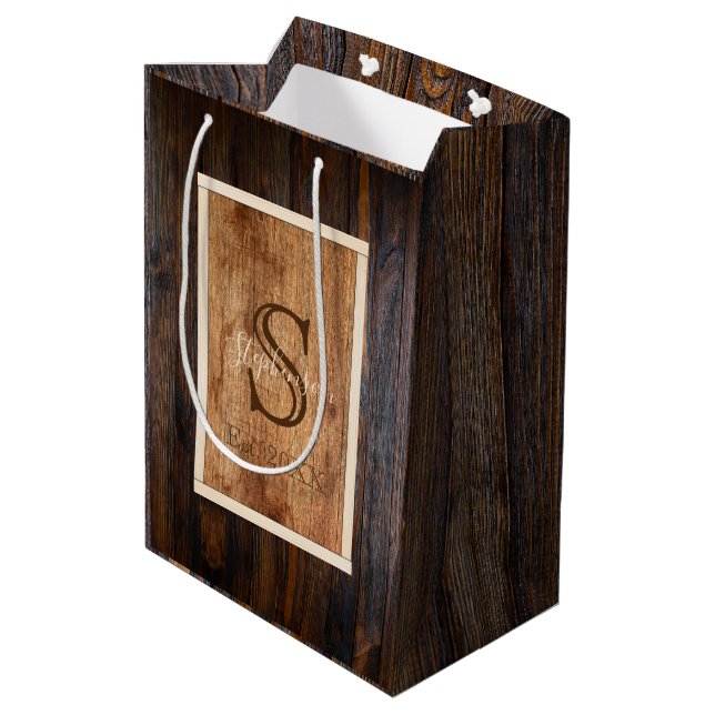 Rustic Dark Wood Tone Monogram Medium Gift Bag (Back Angled)