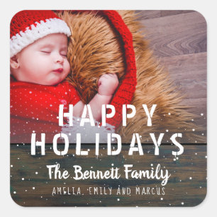 Rustic Dark Wood Typography Happy Holidays Photo Square Sticker