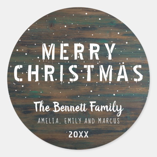 Rustic Dark Wood Typography Merry Christmas Classic Round Sticker (Front)
