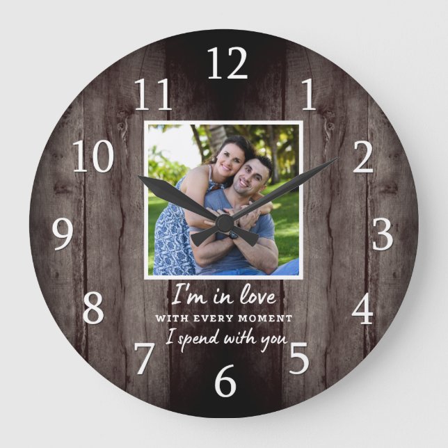 Rustic Dark Wood Wedding Anniversary Love Photo   Large Clock (Front)