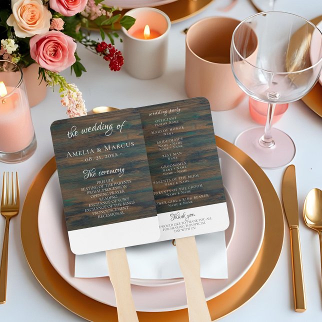 Rustic Dark Wood Wedding Program Hand Fan (Creator Uploaded)